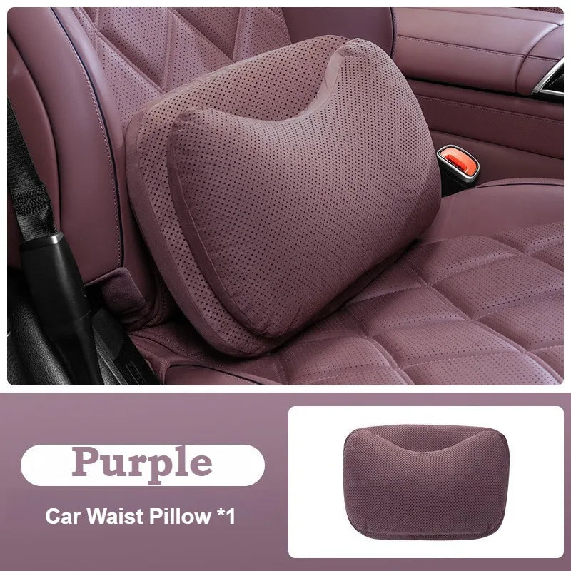 Suede Car Headrest Pillow & Lumbar Cushion – Luxury Nappa Leather Neck & Waist Pillow, Memory Foam Seat Accessories, Universal All Seasons - Delicate Leather
