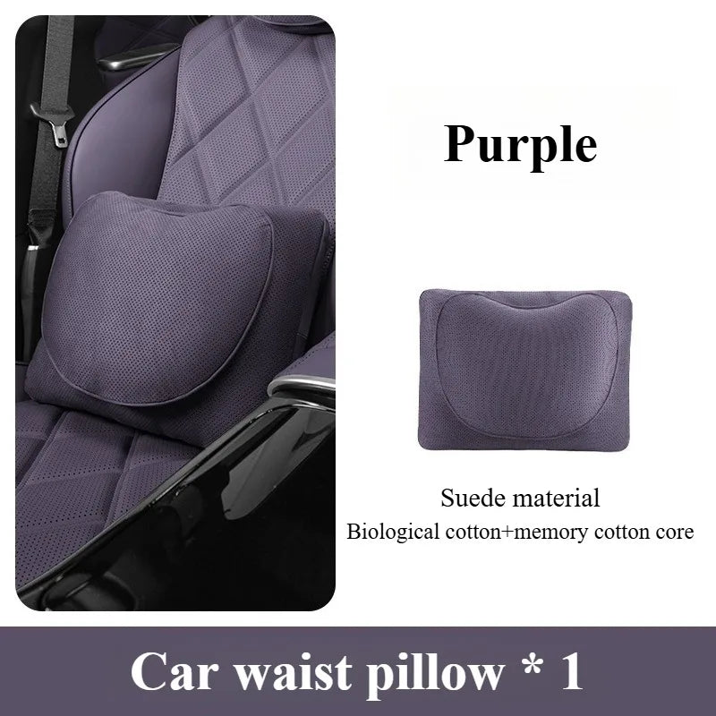 Suede Car Neck and Lumbar Support Set – Universal Ergonomic Headrest & Waist Pillow for Auto Seats - Delicate Leather