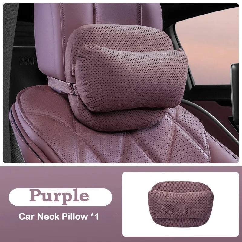 Suede Car Headrest Pillow & Lumbar Cushion – Luxury Nappa Leather Neck & Waist Pillow, Memory Foam Seat Accessories, Universal All Seasons - Delicate Leather