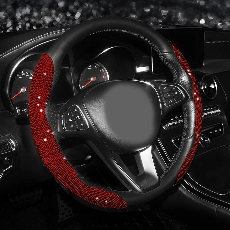 Diamond Car Steering Wheel Cover Set | Breathable, Anti-Slip Bling Protector for Girls & Women - Universal Fit, Gift For Mother's Day 2025 - Delicate Leather
