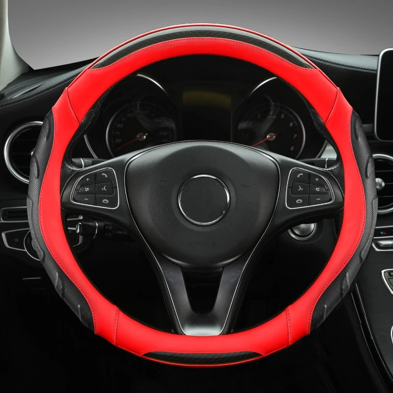 Perforated PU Leather Steering Wheel Cover with Carbon Fiber Texture – Non-Slip & Breathable, Universal Fit for 14.5–15 Inch Wheels - Delicate Leather