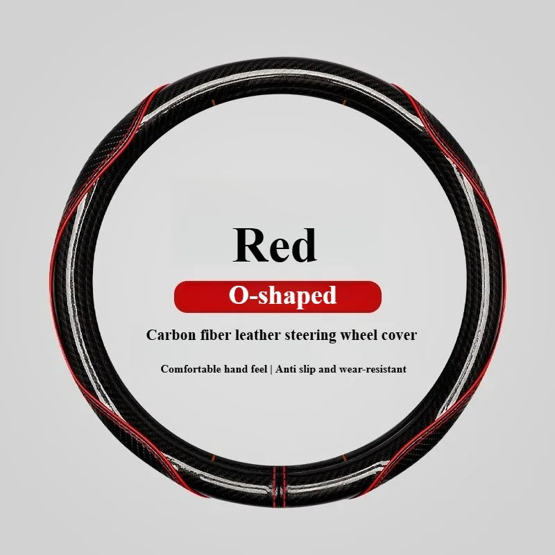 Sports Carbon Fiber Steering Wheel Cover Universal Fit – Anti-Slip Handle Cover for O / D / Double-D Steering Wheels (37–38cm) - Delicate Leather