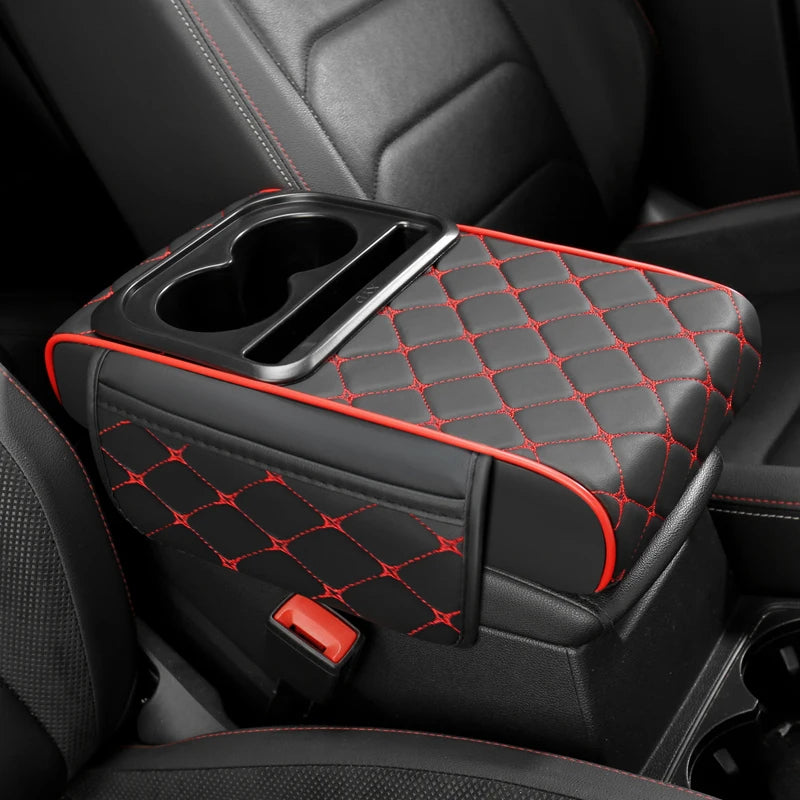 PU Leather Car Center Console Armrest Cushion – Height Pad with Cup Holder and Storage Slots - Delicate Leather