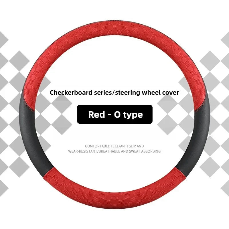 Microfiber Leather Steering Wheel Cover – 15-Inch Universal Fit, Anti-Slip Rubber Grip, Checkered Flag Design, All-Season Comfort - Delicate Leather
