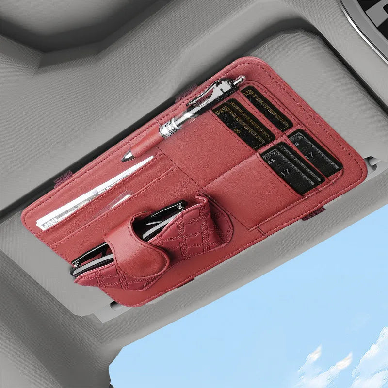 Car Sun Visor Organizer – Premium PU Leather Storage Box with Glasses Clip, Card Slots & Pen Holders - Delicate Leather