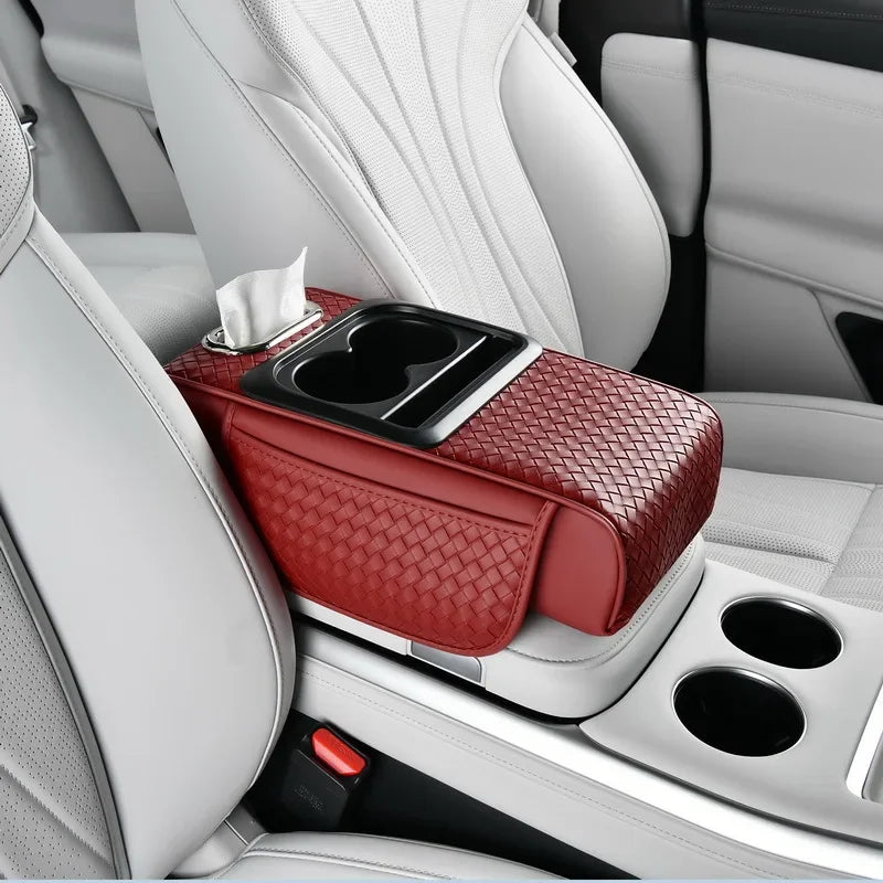 Car Armrest Cushion with Tissue Box & Cup Holder – Center Console Organizer Pad - Delicate Leather
