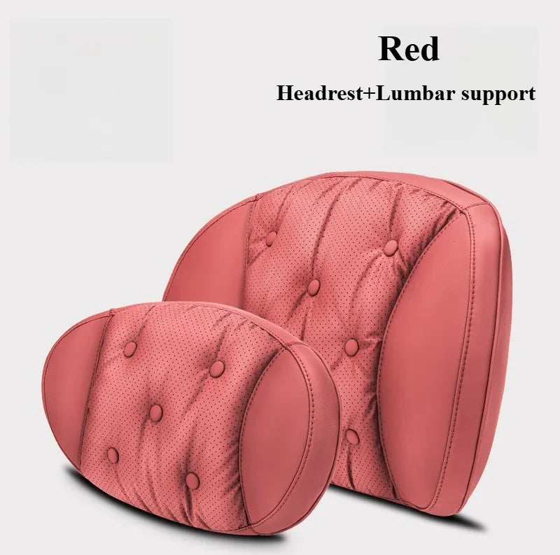 Universal Car Headrest & Lumbar Support Cushion – Nappa Leather Neck and Lumbar Pillows for Comfort - Delicate Leather
