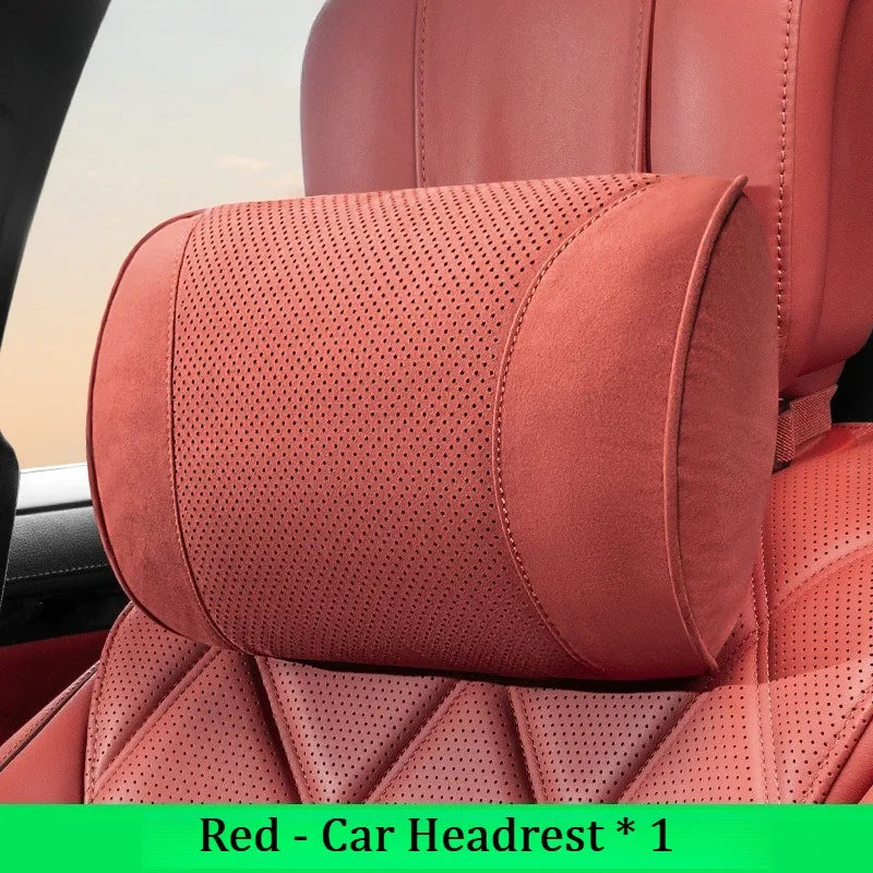 Suede Car Neck Pillow & Lumbar Cushion Set – Universal Fit Soft Headrest and Waist Support for Comfortable Driving - Delicate Leather