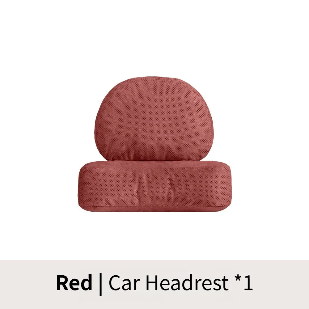 Suede Car Headrest and Lumbar Pillow Set – Universal Neck and Waist Support Cushions for Car Seats - Delicate Leather