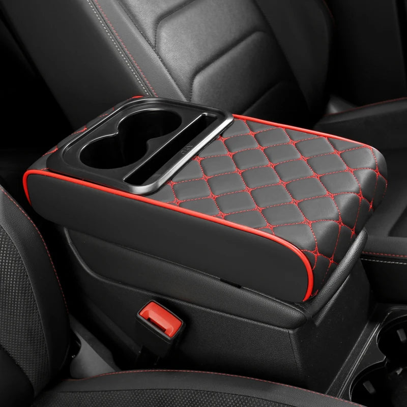 PU Leather Car Center Console Armrest Cushion – Height Pad with Cup Holder and Storage Slots - Delicate Leather
