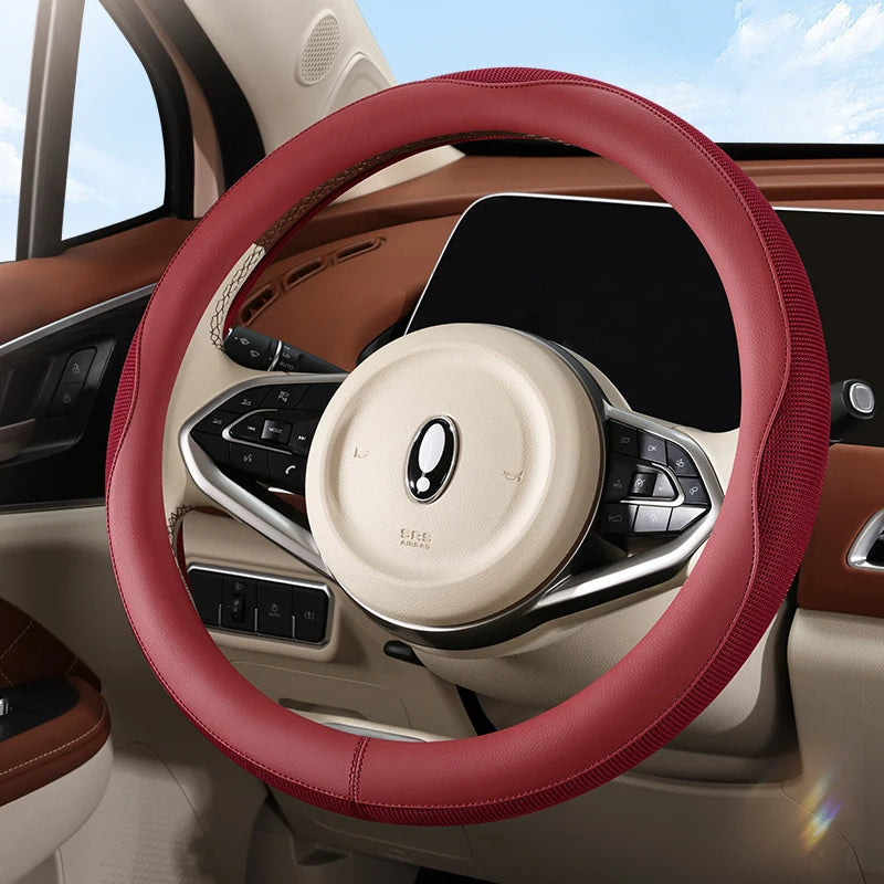 PU Leather & Mesh Car Steering Wheel Cover – Breathable, All-Season Comfort - Delicate Leather