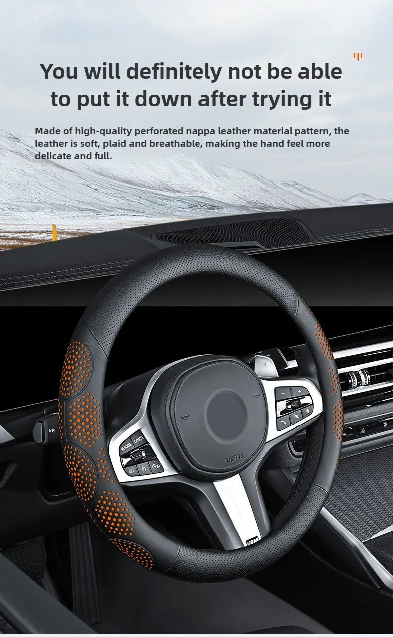 Car Steering Wheel Cover, Universal 38cm O/D Shape Leather Steering Wheel Cover – Car Interior Anti-Slip Accessory - Delicate Leather