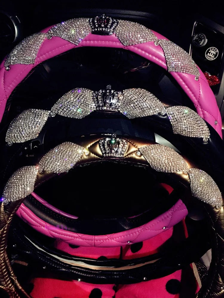 Luxury Crystal Crown Leather Steering Wheel Cover | Bling Rhinestone Car Accessory for Girls - Universal Fit, Gift For Mother's Day 2025 - Delicate Leather