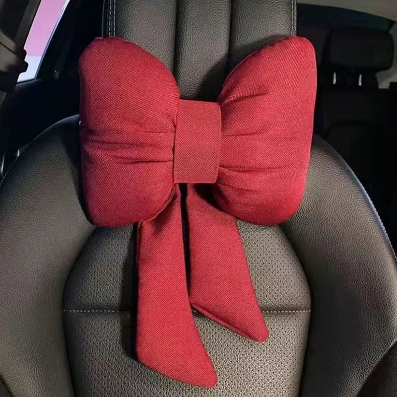 Adjustable Linen Car Headrest & Lumbar Support Pillow Set – Soft Bow Neck Cushion for Comfortable Travel and Driving Rest - Delicate Leather