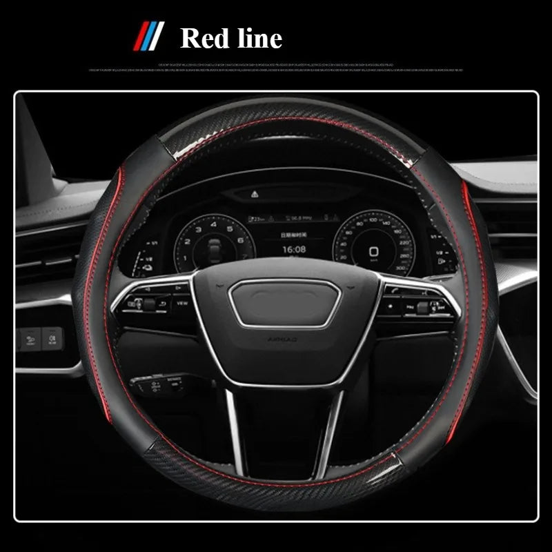 Carbon Fiber & Nappa Leather Steering Wheel Cover – Universal 37–38cm, Non-Slip Silicone Grip, 3D Textured Design, Breathable & Durable - Delicate Leather
