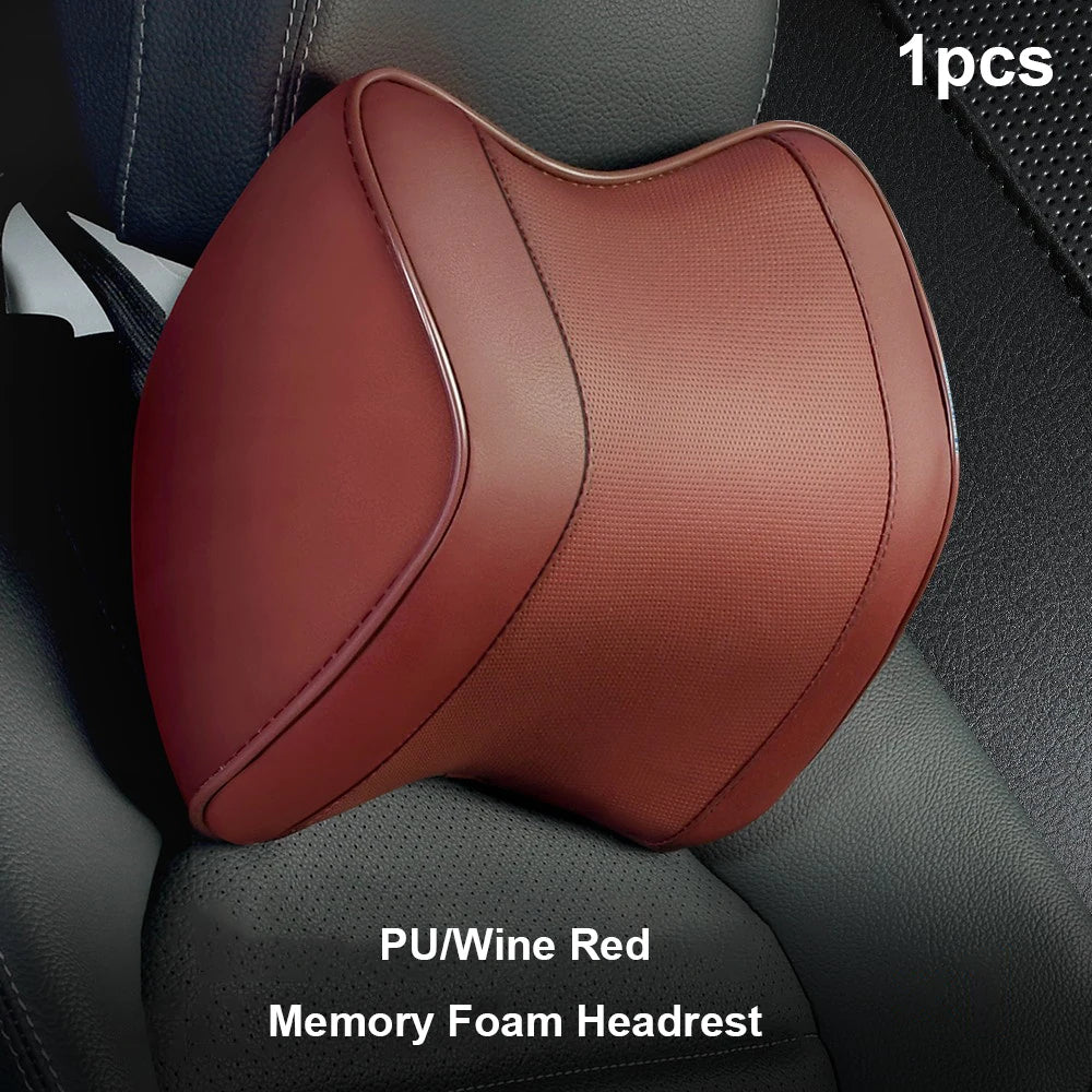 Universal Breathable Memory Foam Car Headrest Pillow – Neck Support Cushion & Lumbar Guard for Comfortable Driving - Delicate Leather