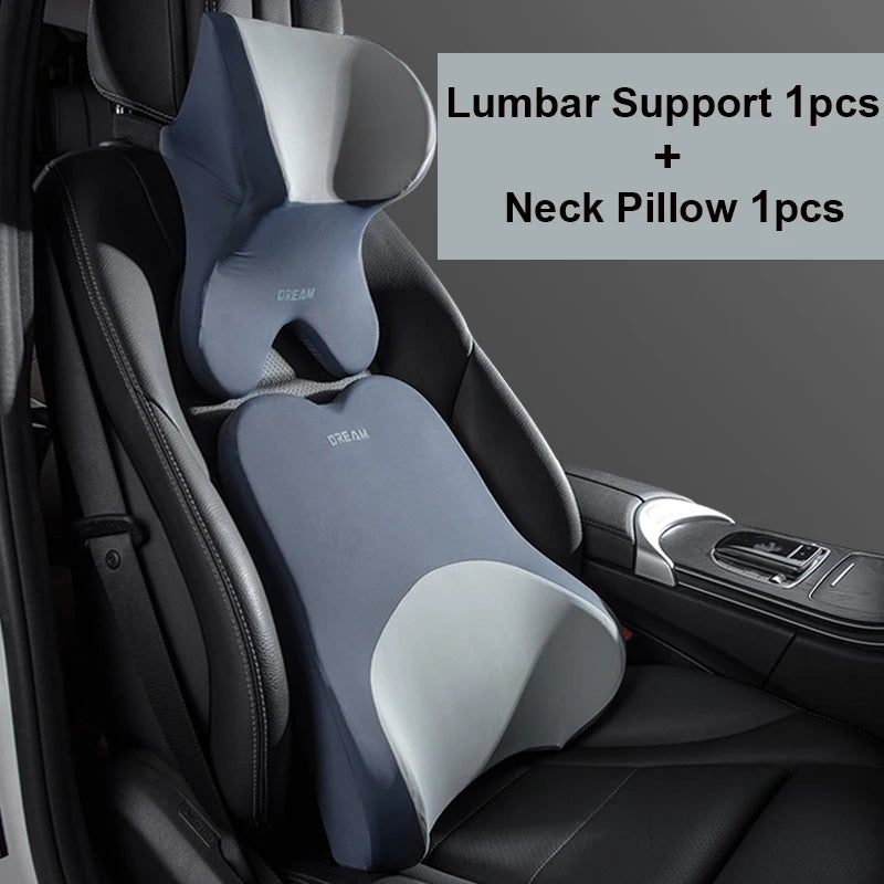 Universal Car Lumbar Support & Headrest Neck Pillow – Memory Foam Back and Neck Cushion for Car Seats - Delicate Leather