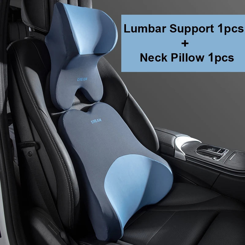Universal Car Lumbar Support & Headrest Neck Pillow – Memory Foam Back and Neck Cushion for Car Seats - Delicate Leather
