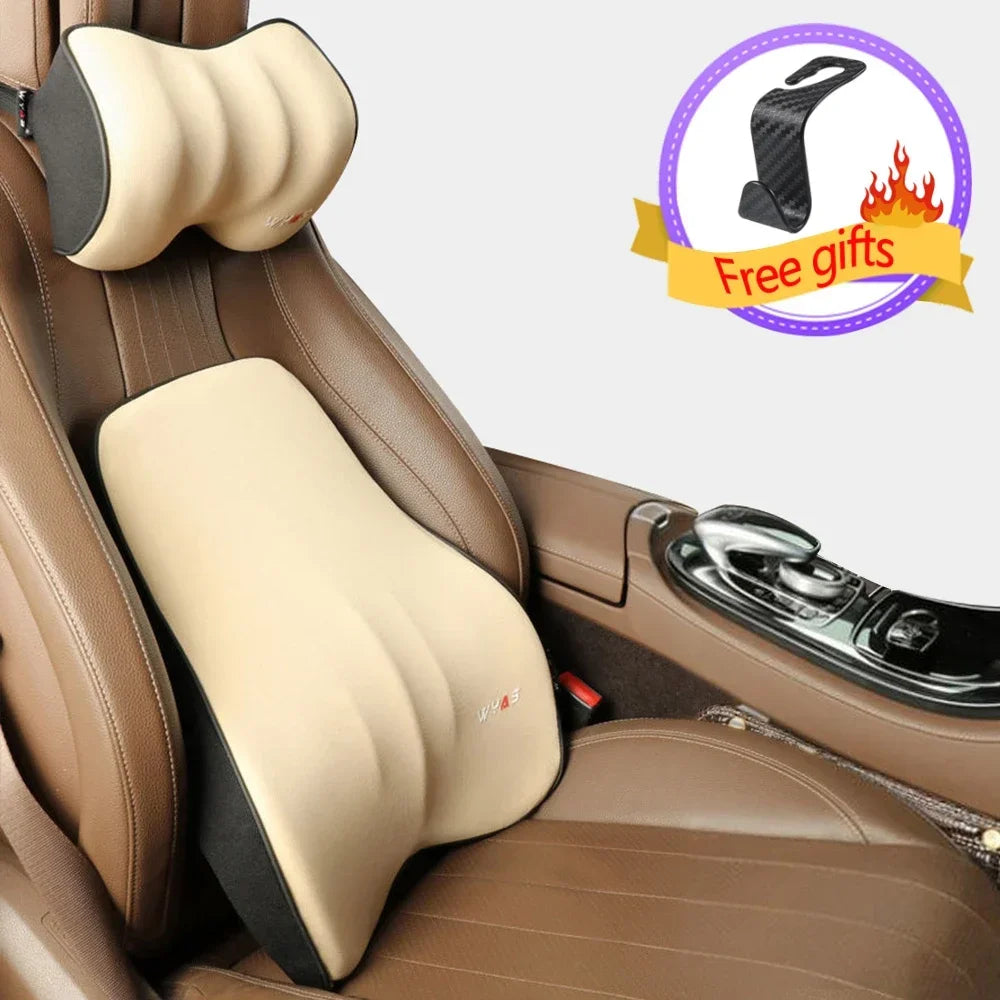 Universal Memory Foam Car Lumbar Support & Neck Pillow – Washable Driver Seat Back Cushion - Delicate Leather
