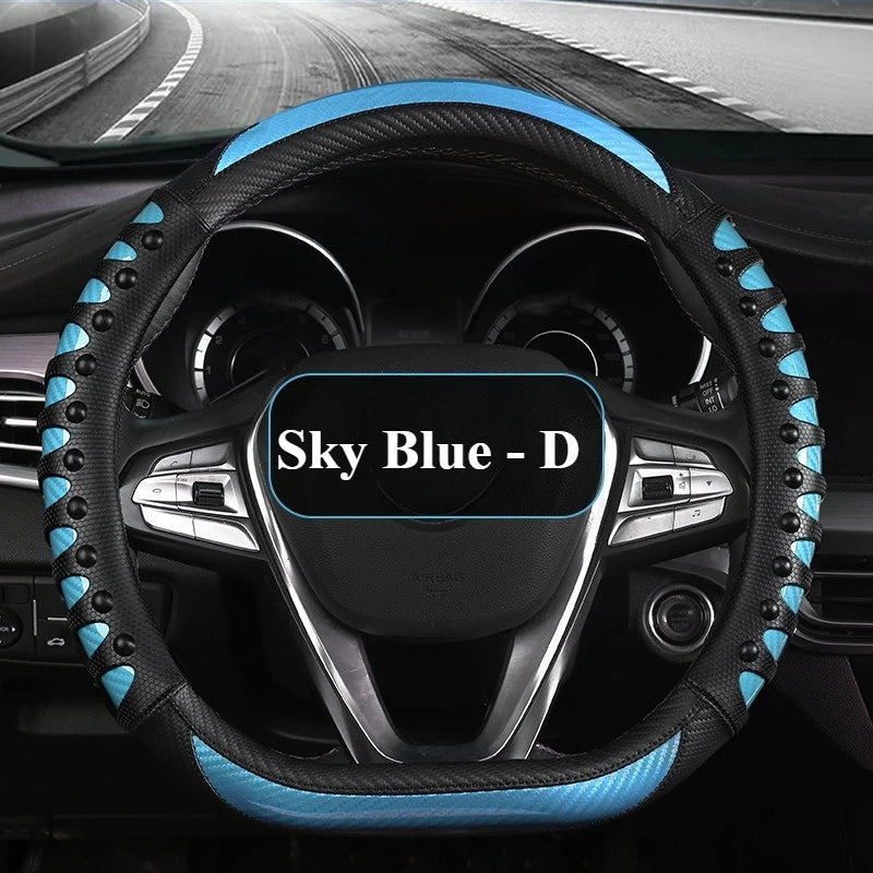 Carbon Fiber Leather Steering Wheel Cover – Universal Non-Slip Grip, Breathable Interior Car Accessory for 14.5–15 Inch Wheels - Delicate Leather