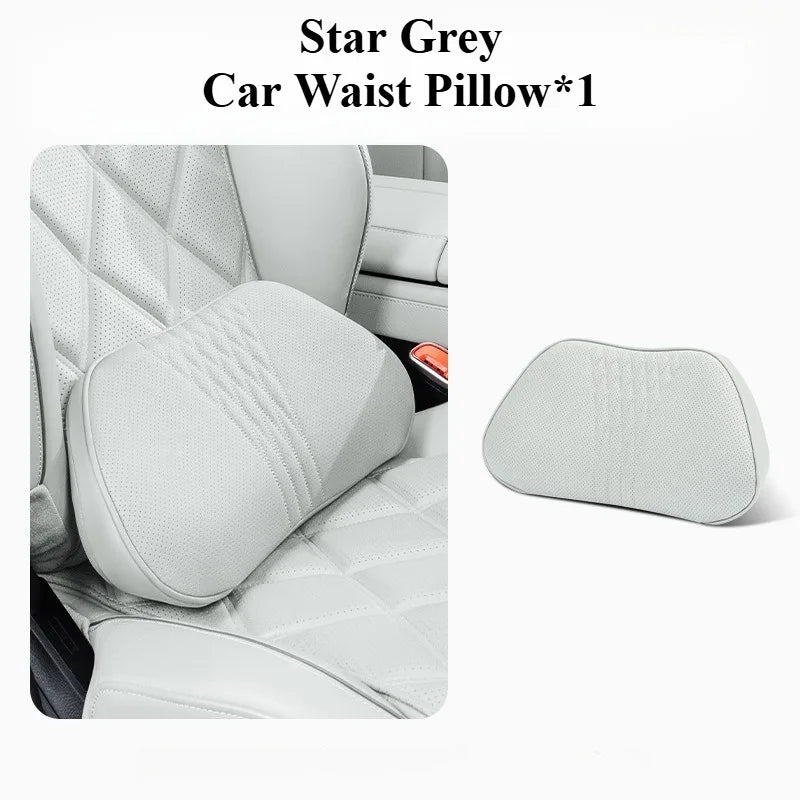 Soft Memory Foam Car Neck & Lumbar Pillow Set – Leather Headrest for Comfortable Driving - Delicate Leather