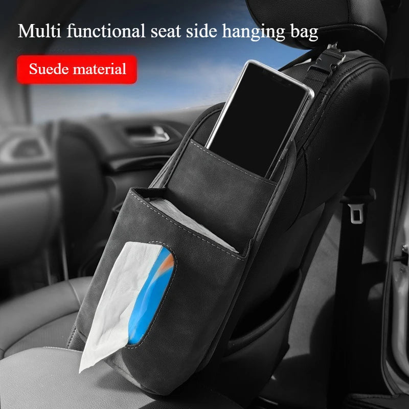 Suede Car Seat Hanging Tissue Bag – Universal Backseat Paper Holder & Side Storage Organizer - Delicate Leather