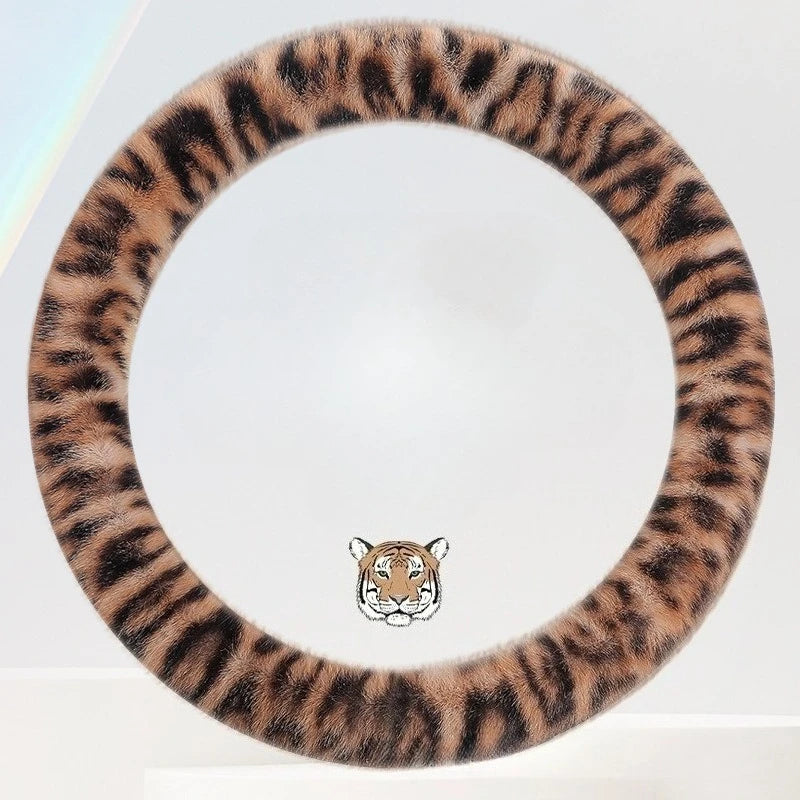 Universal Plush Leopard Print Steering Wheel Cover – Warm Winter Non-Slip Soft Handle Cover for Car Interior - Delicate Leather