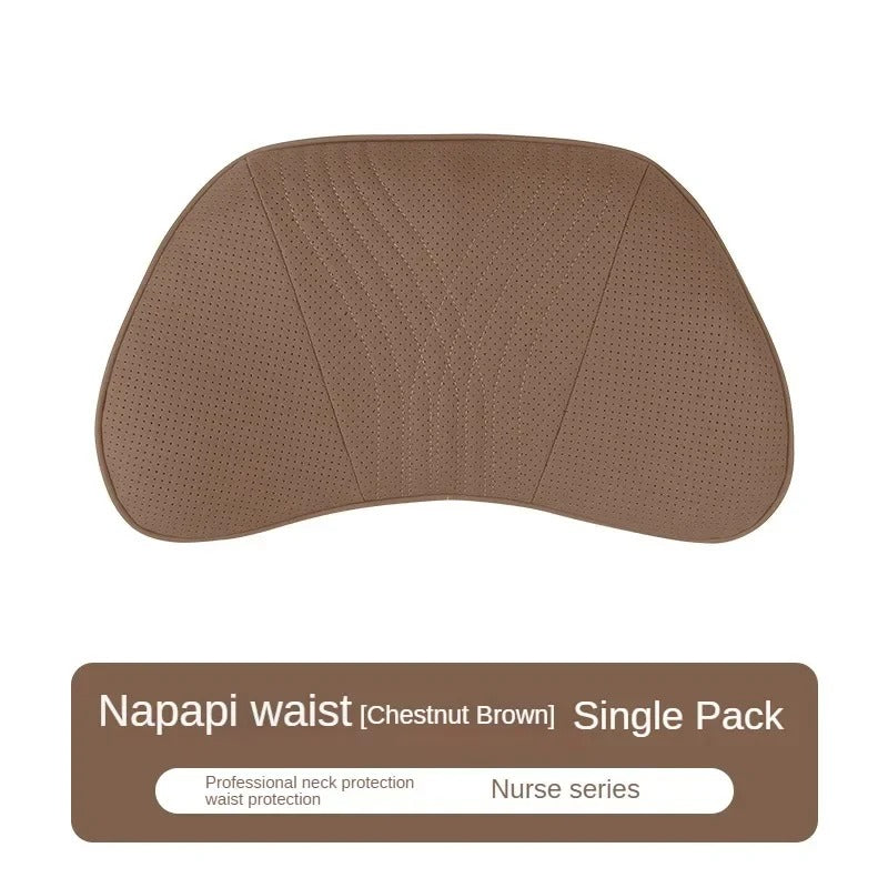 Luxury Car Seat Leather Pillow and Lumbar Support - Universal Headrest and Back Cushion for Comfortable Driving - Delicate Leather