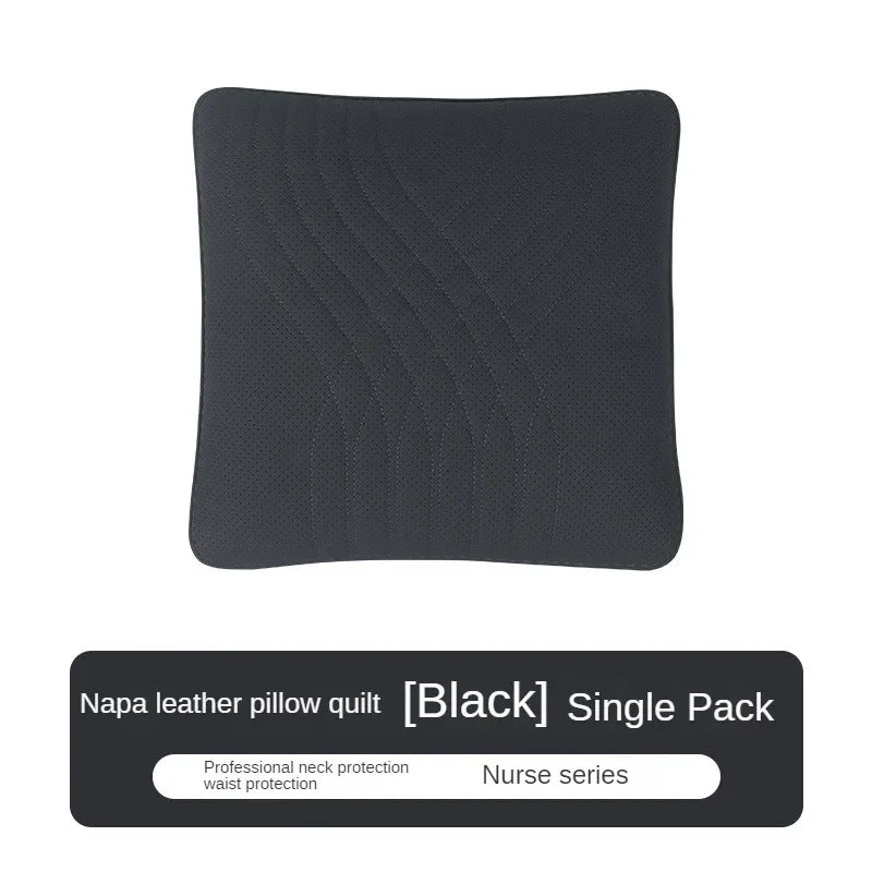 Luxury Car Seat Leather Pillow and Lumbar Support - Universal Headrest and Back Cushion for Comfortable Driving - Delicate Leather