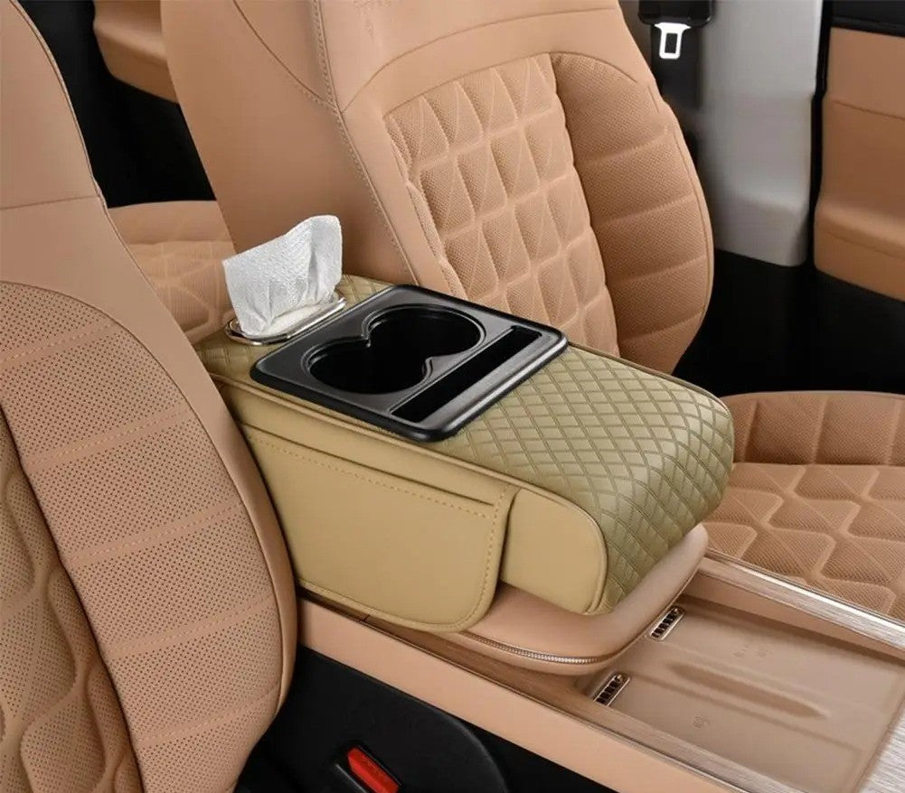 Thick Car Center Console Armrest Cushion with Tissue Box, Cup Holder, and Side Extension – Portable Car Pillow Armrest Pad