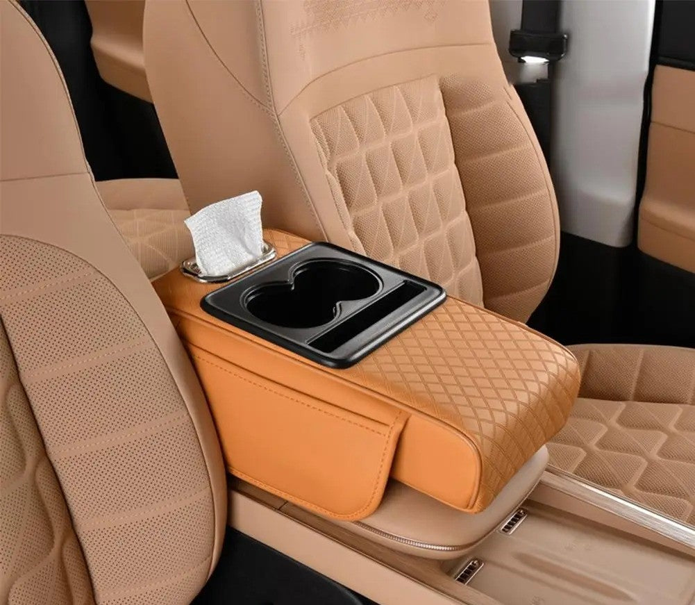 Thick Car Center Console Armrest Cushion with Tissue Box, Cup Holder, and Side Extension – Portable Car Pillow Armrest Pad