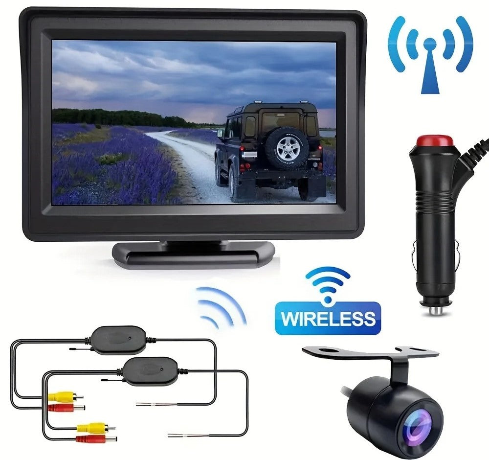 Wireless Car Backup Camera Kit - 4.3" Monitor Rear View System for RVs, Trucks, and SUVs - Delicate Leather