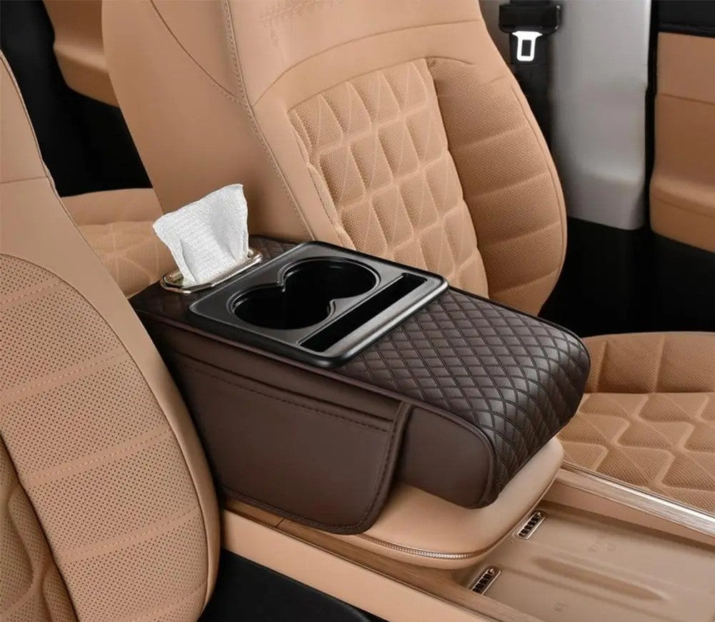 Thick Car Center Console Armrest Cushion with Tissue Box, Cup Holder, and Side Extension – Portable Car Pillow Armrest Pad