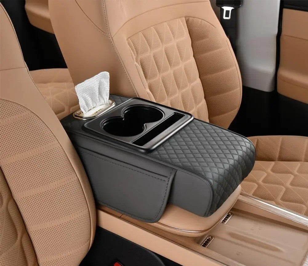 Thick Car Center Console Armrest Cushion with Tissue Box, Cup Holder, and Side Extension – Portable Car Pillow Armrest Pad