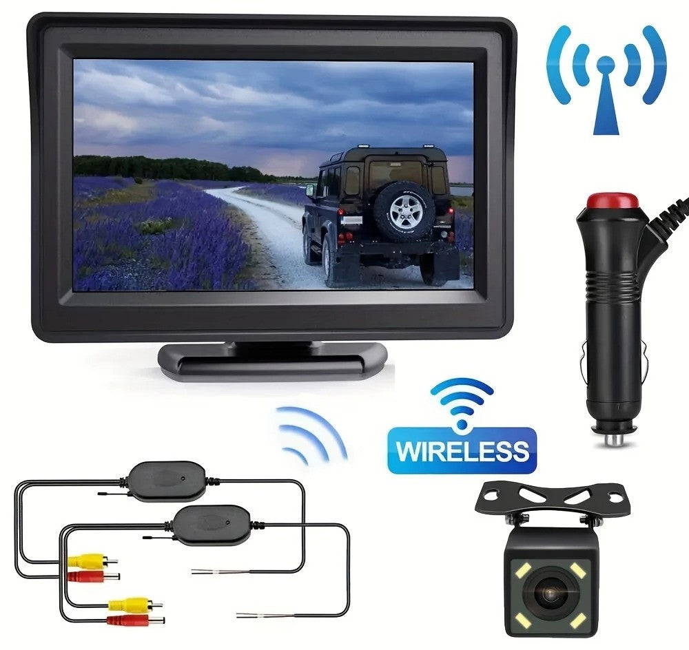 Wireless Car Backup Camera Kit - 4.3" Monitor Rear View System for RVs, Trucks, and SUVs - Delicate Leather