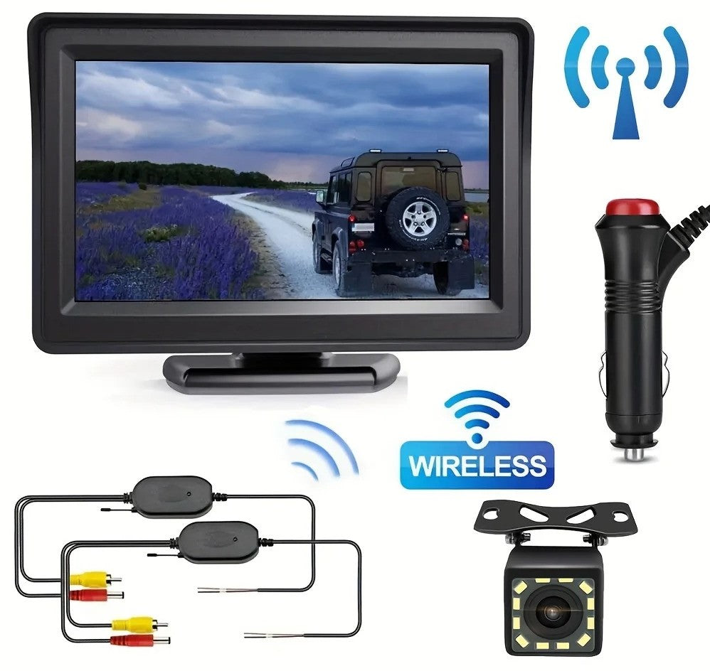 Wireless Car Backup Camera Kit - 4.3" Monitor Rear View System for RVs, Trucks, and SUVs - Delicate Leather