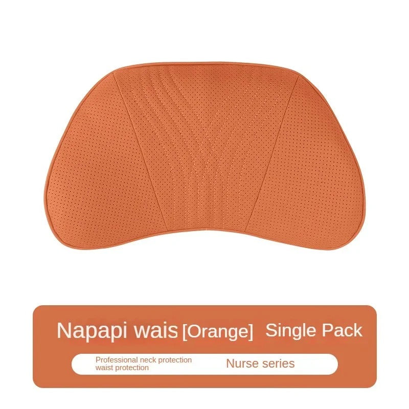 Luxury Car Seat Leather Pillow and Lumbar Support - Universal Headrest and Back Cushion for Comfortable Driving - Delicate Leather