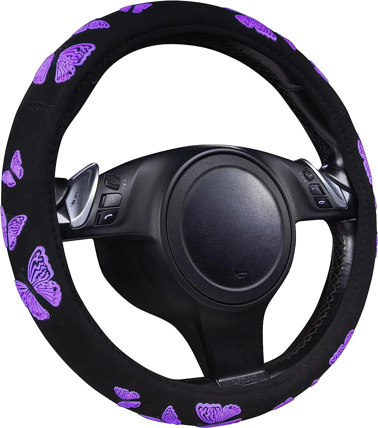 Butterfly steering wheel cover - Full grip fabric inside - Multi color butterflies on black fabric, Car Accessories 19 - Delicate Leather