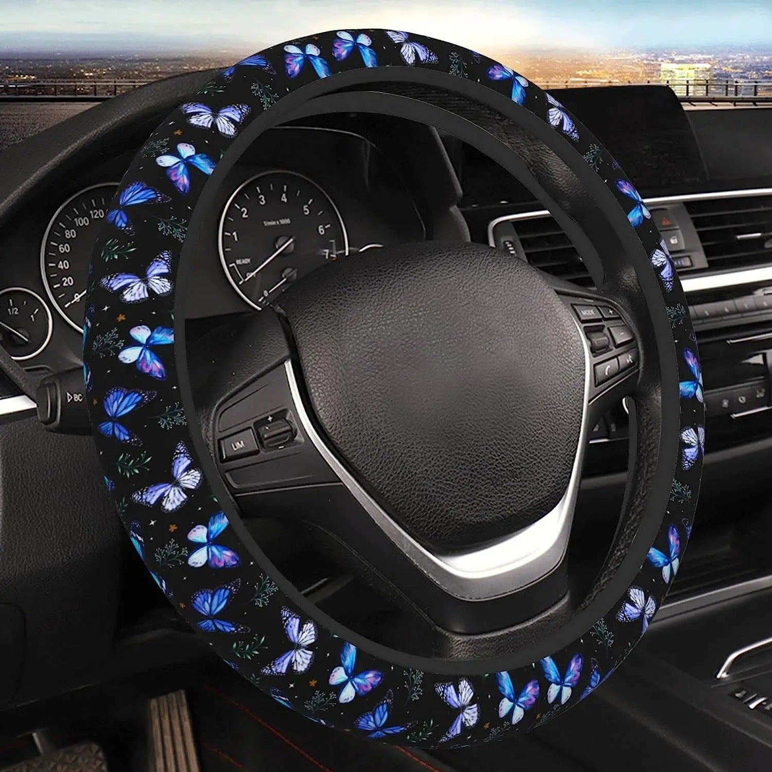 Butterfly steering wheel cover - Full grip fabric inside - Multi color butterflies on black fabric, Car Accessories 19 - Delicate Leather