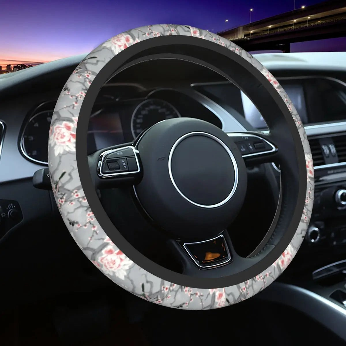 Sakura Sky Steer Wheel Cover, Cherry Blossom Steering Wheel Cover Cute, Japanese Aesthetic Car Decor, Car Accessories 07 - Delicate Leather