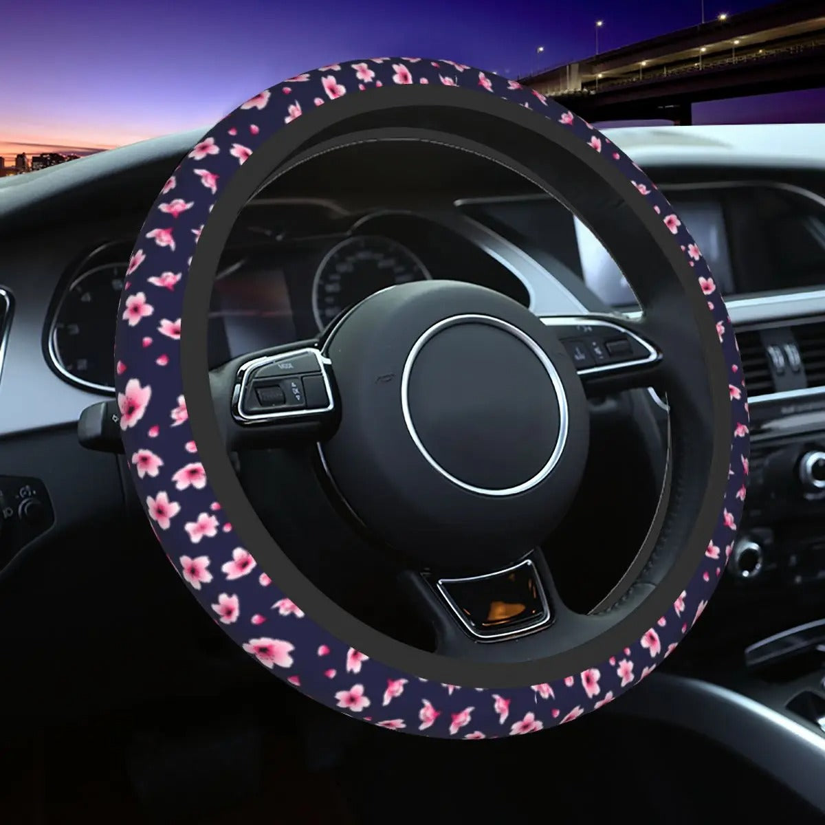 Sakura Sky Steer Wheel Cover, Cherry Blossom Steering Wheel Cover Cute, Japanese Aesthetic Car Decor, Car Accessories 07 - Delicate Leather