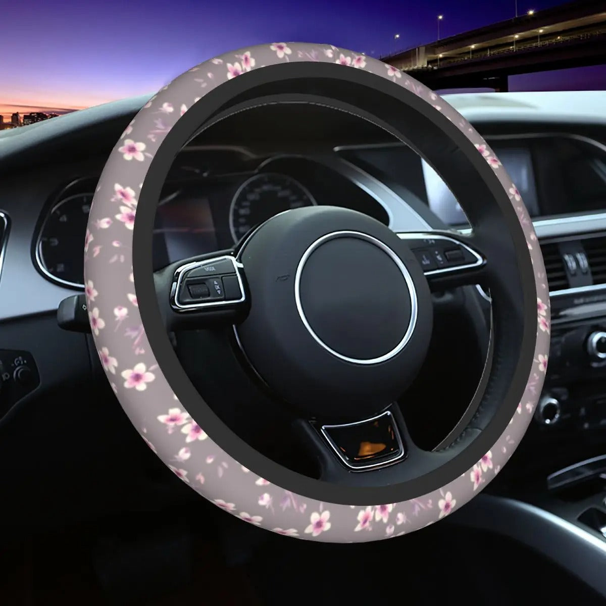 Sakura Sky Steer Wheel Cover, Cherry Blossom Steering Wheel Cover Cute, Japanese Aesthetic Car Decor, Car Accessories 07 - Delicate Leather