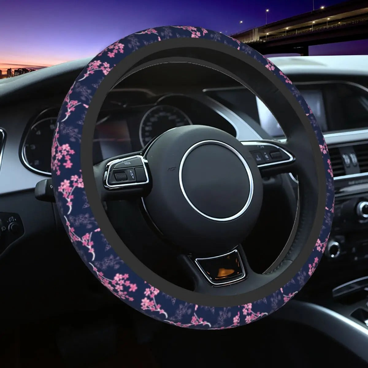 Sakura Sky Steer Wheel Cover, Cherry Blossom Steering Wheel Cover Cute, Japanese Aesthetic Car Decor, Car Accessories 07 - Delicate Leather