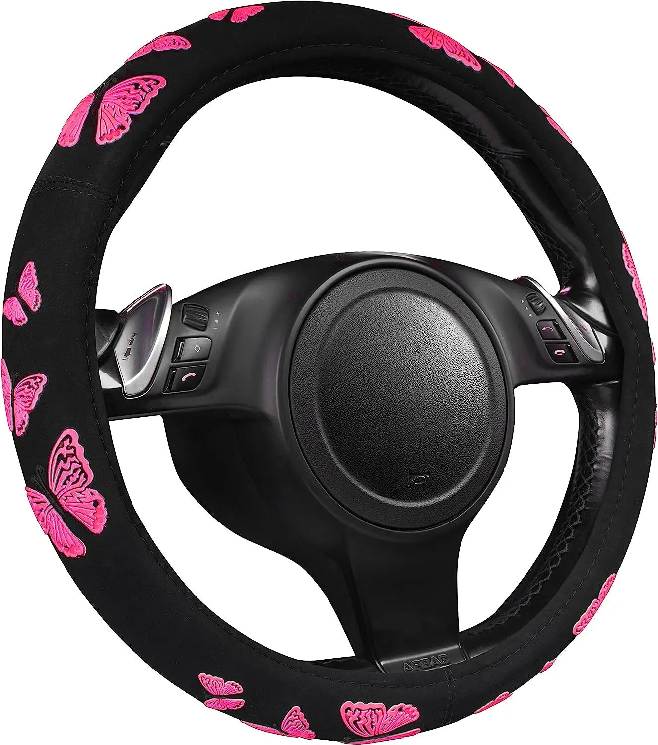 Butterfly steering wheel cover - Full grip fabric inside - Multi color butterflies on black fabric, Car Accessories 19 - Delicate Leather