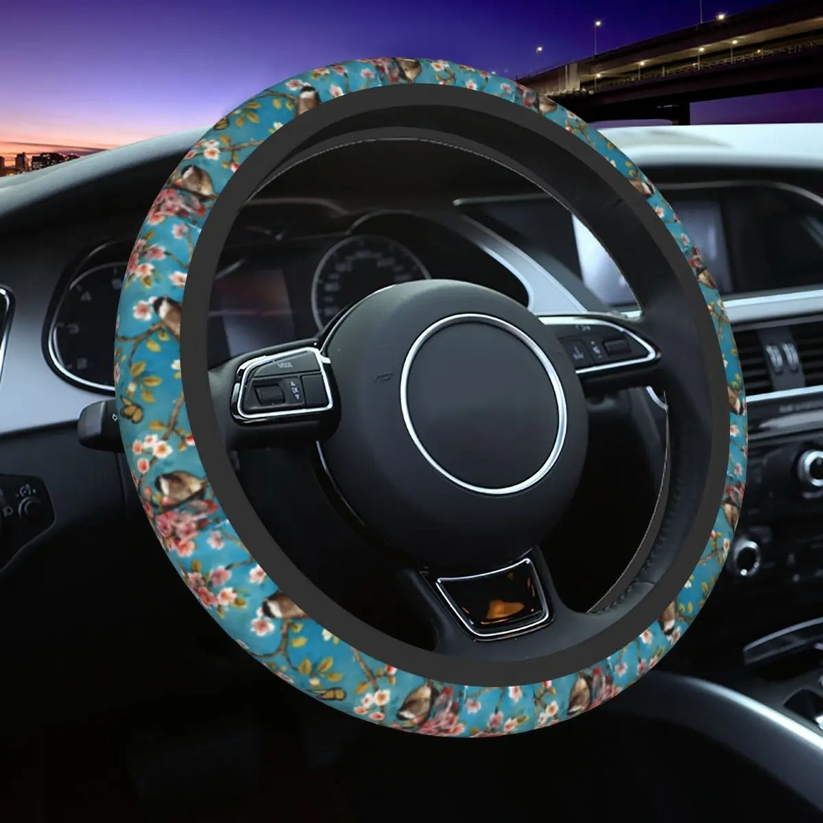 Sakura Sky Steer Wheel Cover, Cherry Blossom Steering Wheel Cover Cute, Japanese Aesthetic Car Decor, Car Accessories 07 - Delicate Leather