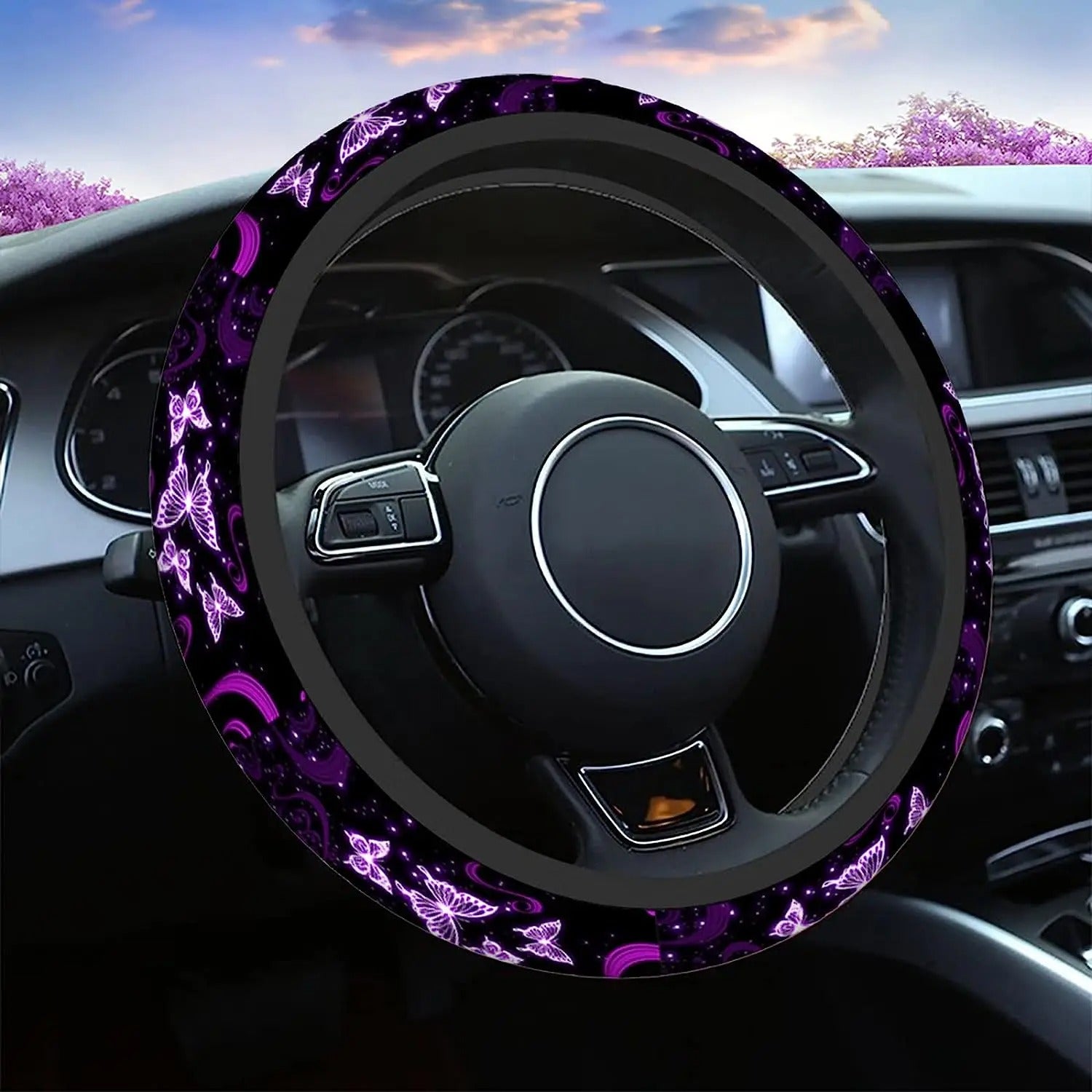 Butterfly steering wheel cover - Full grip fabric inside - Multi color butterflies on black fabric, Car Accessories 19 - Delicate Leather