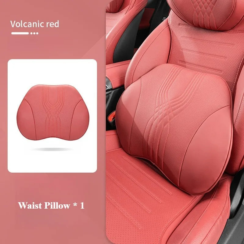 Nappa Leather Car Neck Pillow and Seat Pillow - Soft Headrest Lumbar Support for Comfortable Driving - Auto Accessories - Delicate Leather
