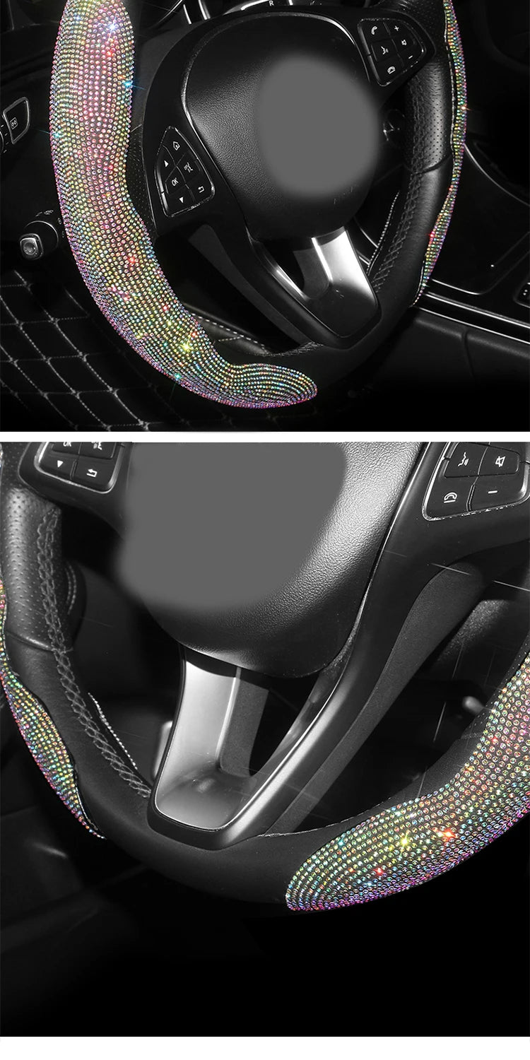 Diamond Car Steering Wheel Cover Set | Breathable, Anti-Slip Bling Protector for Girls & Women - Universal Fit, Gift For Mother's Day 2025 - Delicate Leather