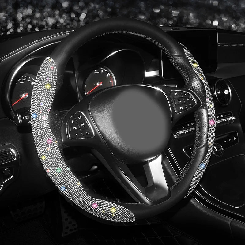 Diamond Car Steering Wheel Cover Set | Breathable, Anti-Slip Bling Protector for Girls & Women - Universal Fit, Gift For Mother's Day 2025 - Delicate Leather