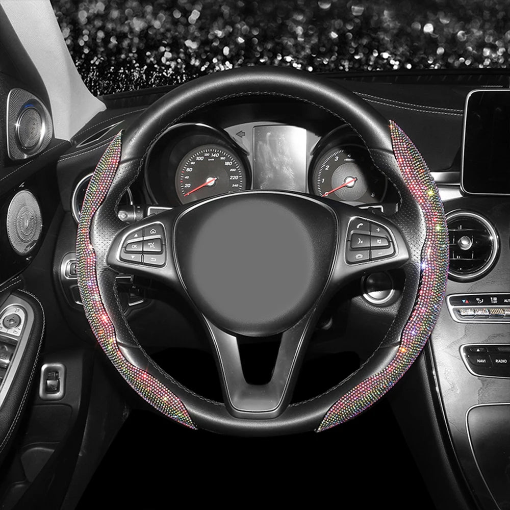 Diamond Car Steering Wheel Cover Set | Breathable, Anti-Slip Bling Protector for Girls & Women - Universal Fit, Gift For Mother's Day 2025 - Delicate Leather